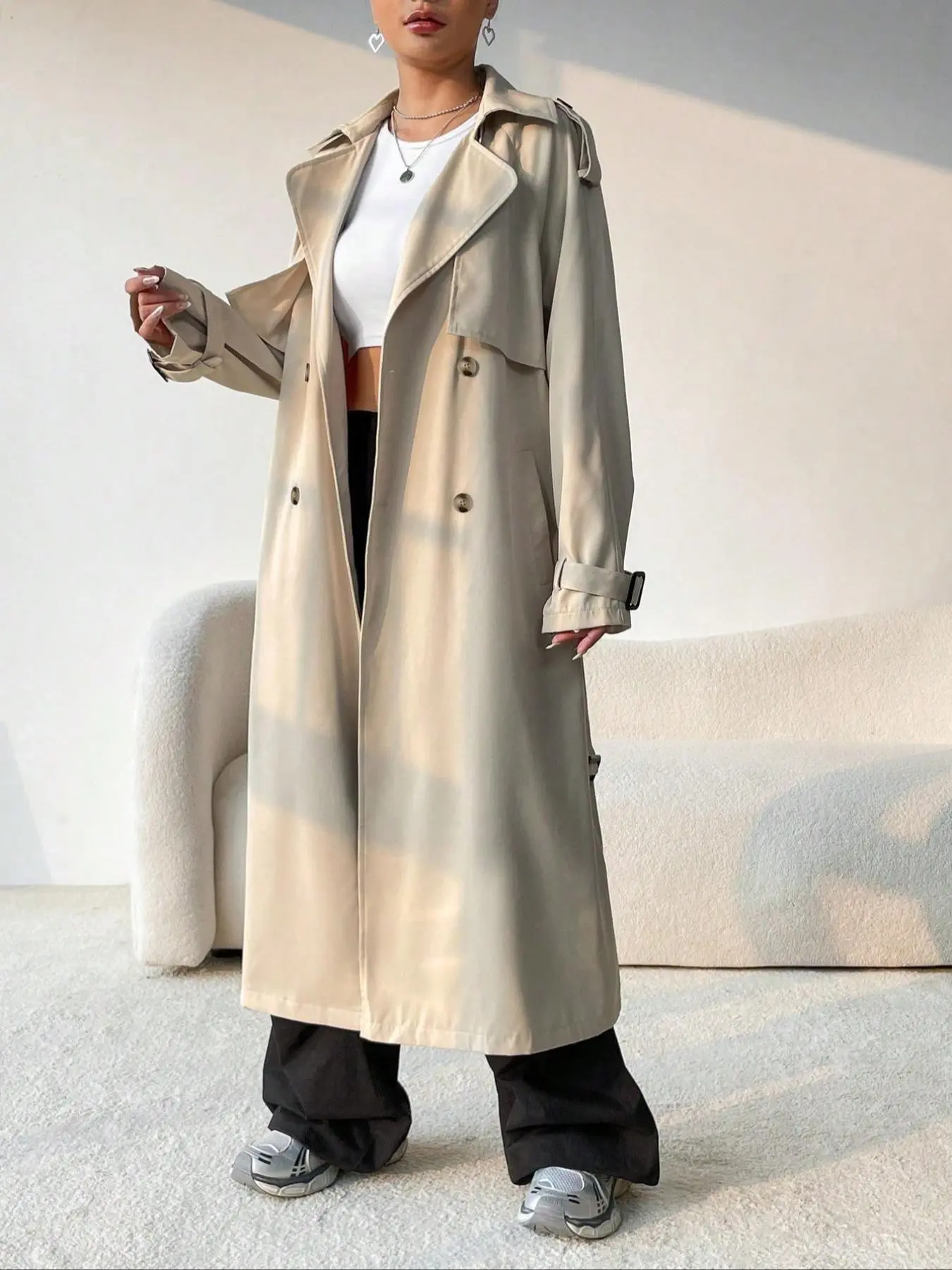 Women's Solid Color Double Button Trench Coat, Casual Long Sleeve Belted Outerwear for Daily Wear, Ladies Clothes for Spring