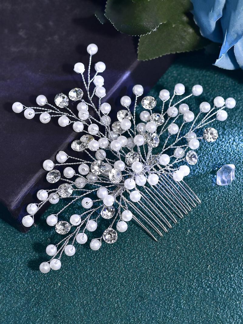 Product Introduction of Rhinestone & Faux Pearls Decor Leaf Design Bridal Headwear, Elegant Hair Accessories for Wedding Bridal Party Formal Occasions, Fashion Hair Accessories for Women 2