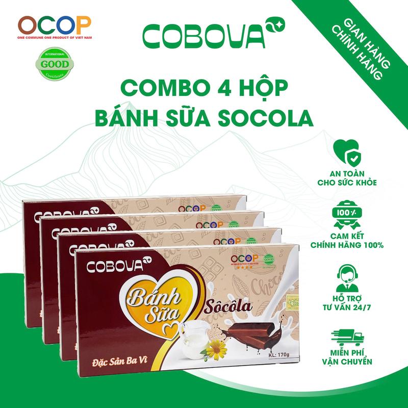 Combo 4 hộp Bánh Sữa Socola Ít Đường Đặc Sản Ba Vì - hộp 170gram - Ít Ngọt Đậm Sữa - Sản Phẩm Chính Hãng Sữa Con Bò Vàng Ba Vì