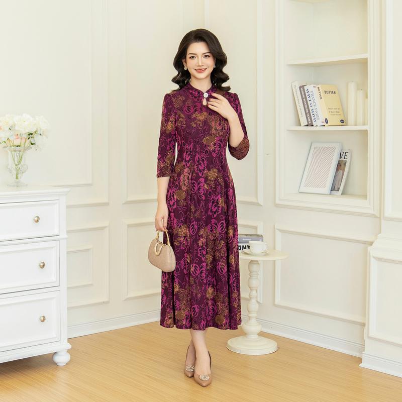 Đầm trung niên tặng mẹ đi tiệc đi cưới LYBEE LV947-V bigsize từ 45-80kg chất liệu thun kim sa co giãn 4 chiều Nữ