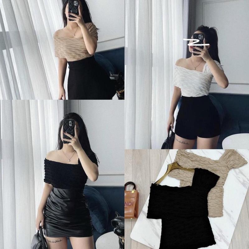  Áo lệch vai thun nhăn bigsize Kim Ngân  M L Xl Xxl  50 đến 90 kg  Áo kiểu nữ gân sóng lệch vai cá tính sexy  