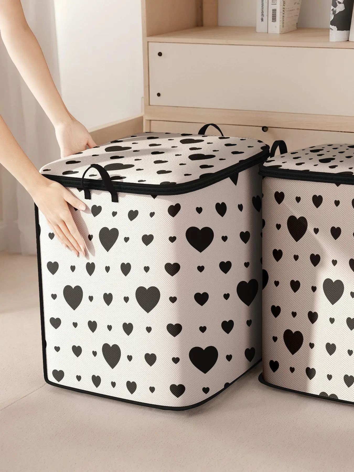 Heart Pattern Clothes Storage Bag, Large Capacity Clothes Storage Box, Collapsible Clothes Organizer with Zipper for Home Bedroom