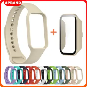 Anti Gores Case+Strap for Xiaomi Mi Band 8 Active Silicone Rubber Band Tempered Glass Hard PC Screen Protector Bumper Cover Belt Bracelet Accessories Tali Pengganti Jam Tangan Smartwatch for Mi Smart Band 8 Active /Redmi Band 2 Bahan Silikon Polos Warna