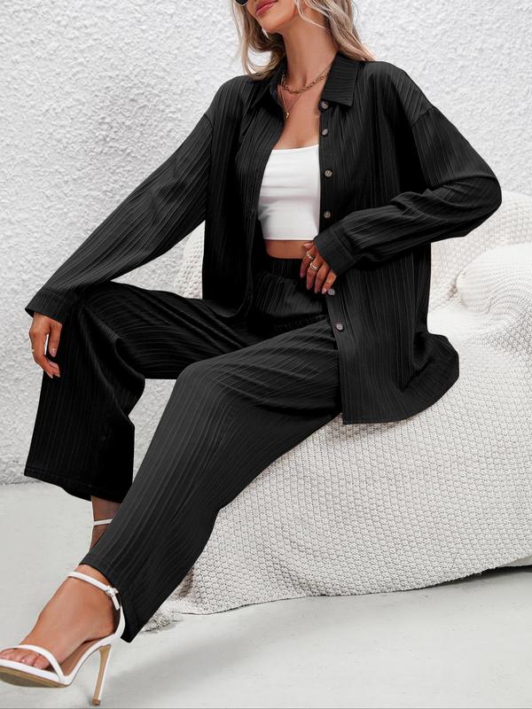 Women's Button Front Blouse & Elastic Waist Pants Set without Cami Top, Drop Shoulder Long Sleeve  Tops & High Waist Wide Leg Trousers Matching Set for Spring & Autumn, Summer Sets, 2 Piece Sets Women, Summer Outfits 2024, Co-ord Set for Women 6