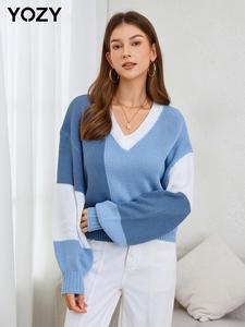 YOZY Women's Colorblock Drop Shoulder Sweater, Casual Long Sleeve V Neck Jumper for Fall & Winter, Fashion Ladies' Knitwear for Daily Wear
