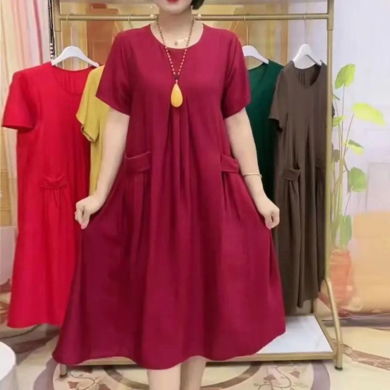 Summer New Middle-Aged Mom Fashion Casual All-Matching Youthful-Looking Double-Sided Solid Color Large Board Pocket Dress Tide Basic Collar