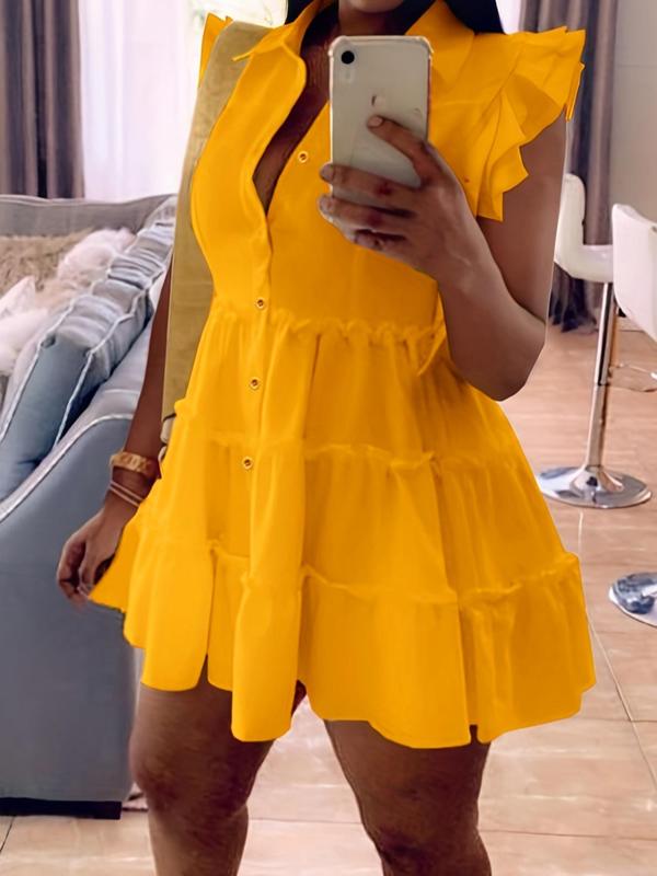 Yellow V Neck Button Layered Hem Smock Dress Yellow V Neck Button Layered Hem Smock Dress