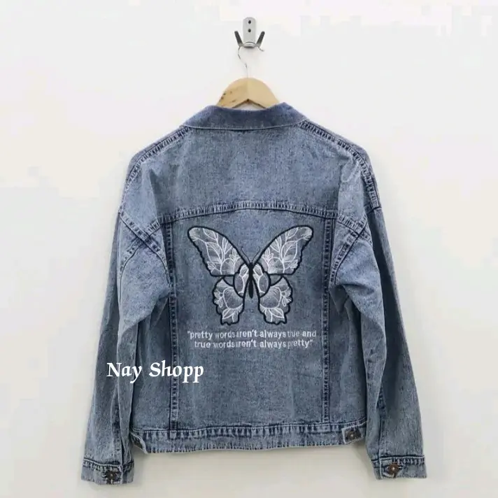 Jaket Oversize Jeans Wanita Jumbo Jaket Jeans Cewek Jumbo Terbaru Motif Kupu-Kupu Tulisan