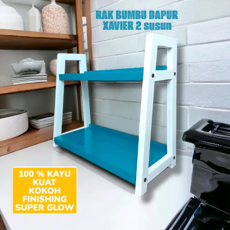 RAK BUMBU DAPUR 2 SUSUN XAVIER/SERBAGUNA/RAK KOSMETIK MULTIFUNGSI/RAK ESTETIK WARNA WARNI/PENYIMPANAN TOPLES BUMBU Kayu Ambalan 5