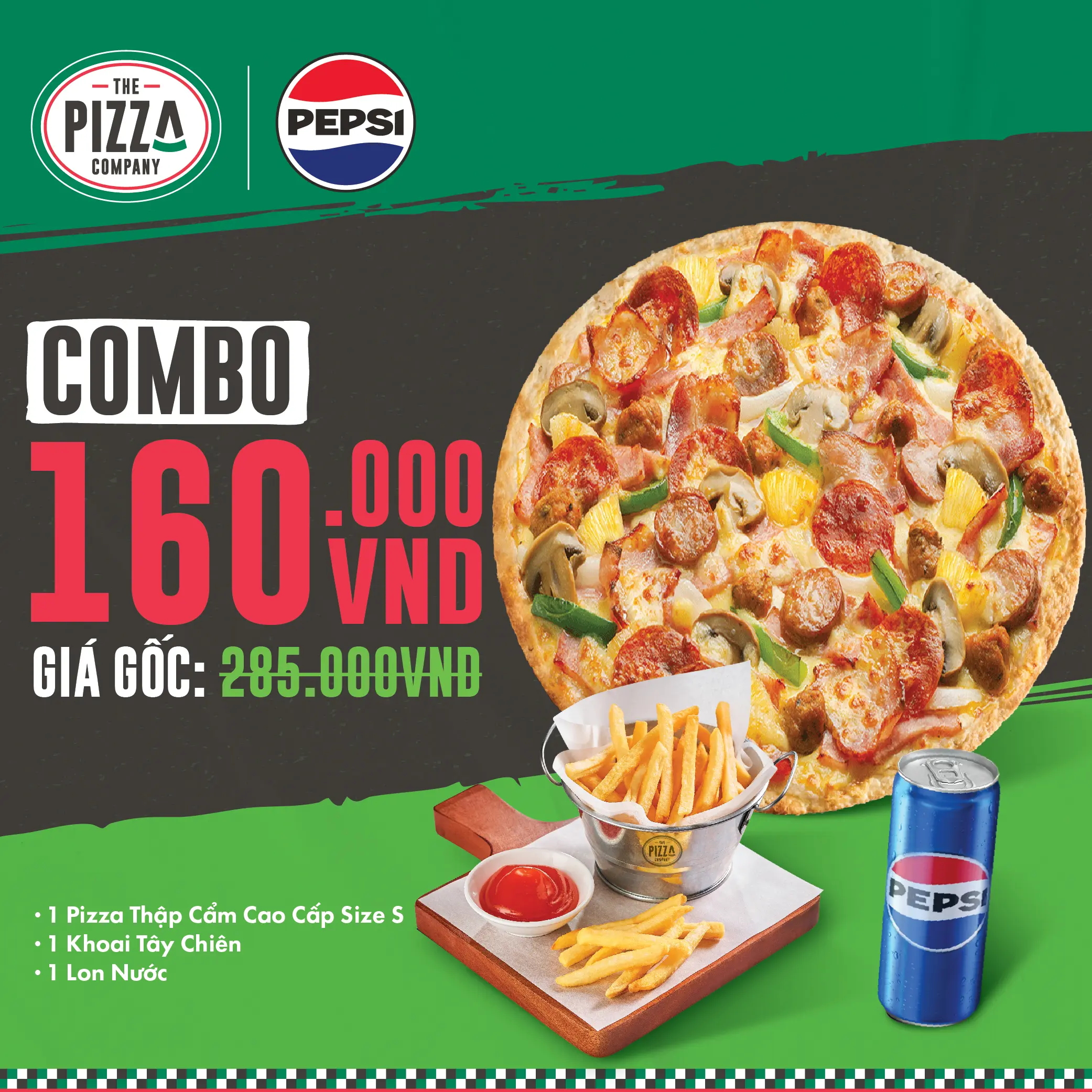 Combo Pizza S - Thập Cẩm - (1-2người) - 1 Pizza Thập Cẩm Cao Cấp size S + 1 Khoai Tây Chiên + 1 lon Pepsi - The Pizza Company - (Giao nhanh 1H)