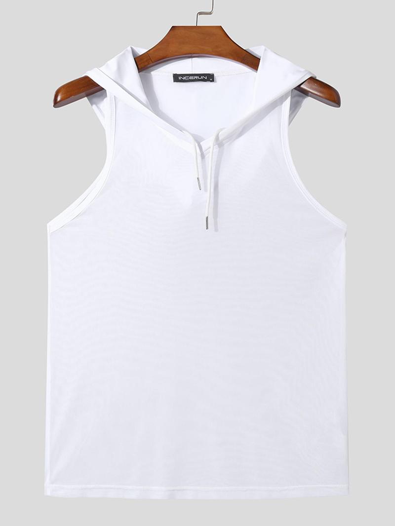 Product Introduction of Men's Regular Fit Solid Drawstring Sheer Hooded Tank Top, Casual Sleeveless Top for Summer, Fashion Men's Clothes for Daily Wear 8