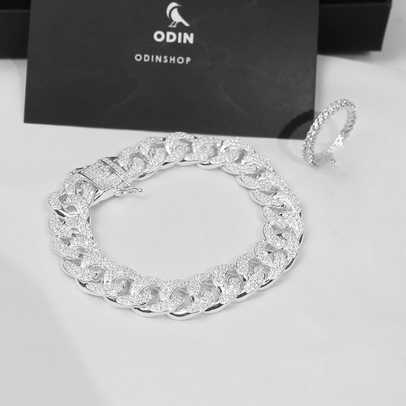 Vòng tay lắc tay bạc nam ICE CUBAN SILVER ODIN Bạc S925 đính đá CZ - Tặng kèm nhẫn bạc Tennis - Bản 12mm