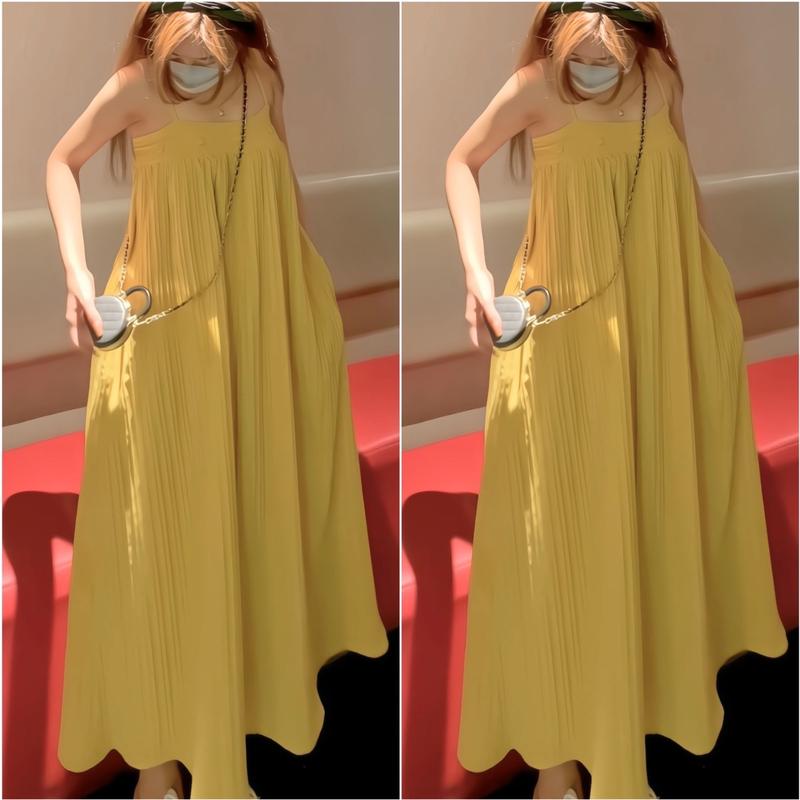 Váy đi biển dáng dài vải đũi gân 2 lớp, có tăng đơ và bo chun - v1 1
