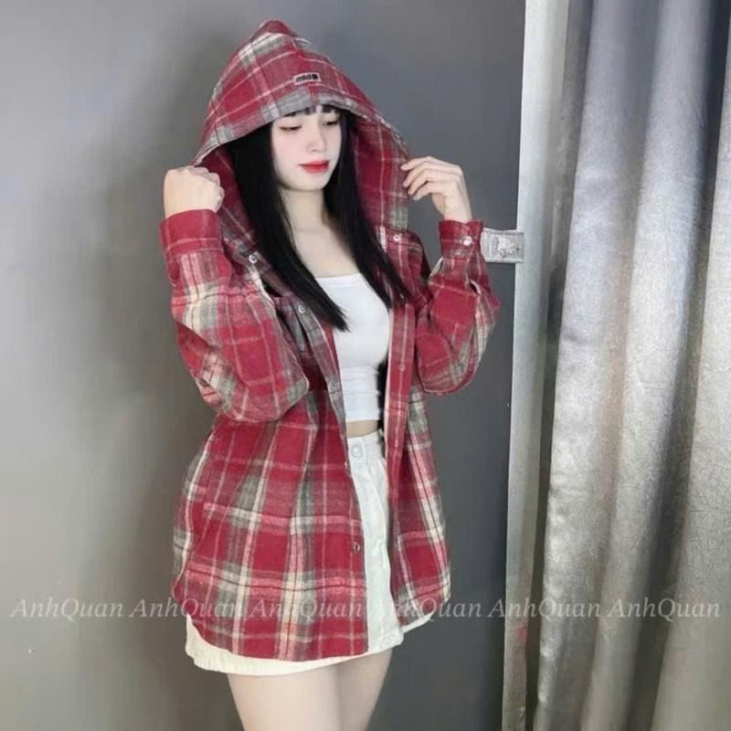 Áo Khoác Caro Nam Nữ Cài Nút Phối Nón Siêu Xinh - Thời Trang HOT Treen 0