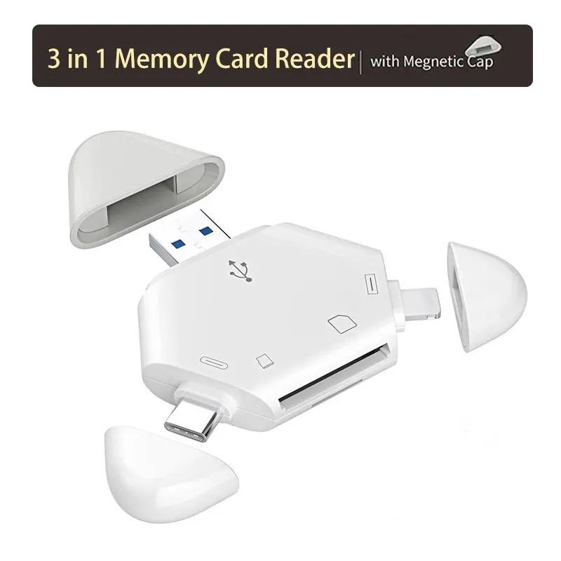 Đầu Đọc Thẻ Nhớ, 3 Trong 1, Có Mũ Từ Tính Hình Tam Giác, USB-C Và Cổng USB Lightning, Hỗ Trợ TF / SD, Tương Thích Với PC, Máy Tính Xách Tay, MacBook Và Điện Thoại Thông Minh