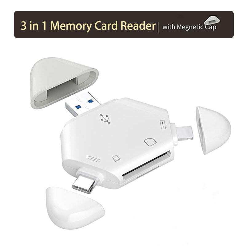 Đầu Đọc Thẻ Nhớ 3 Trong 1 Có Mũ Từ Tính Hình Tam Giác USB-C Và Cổng USB Lightning Hỗ Trợ TF SD Tương Thích Với PC Máy Tính Xách Tay MacBook Và Điện Thoại Thông Minh