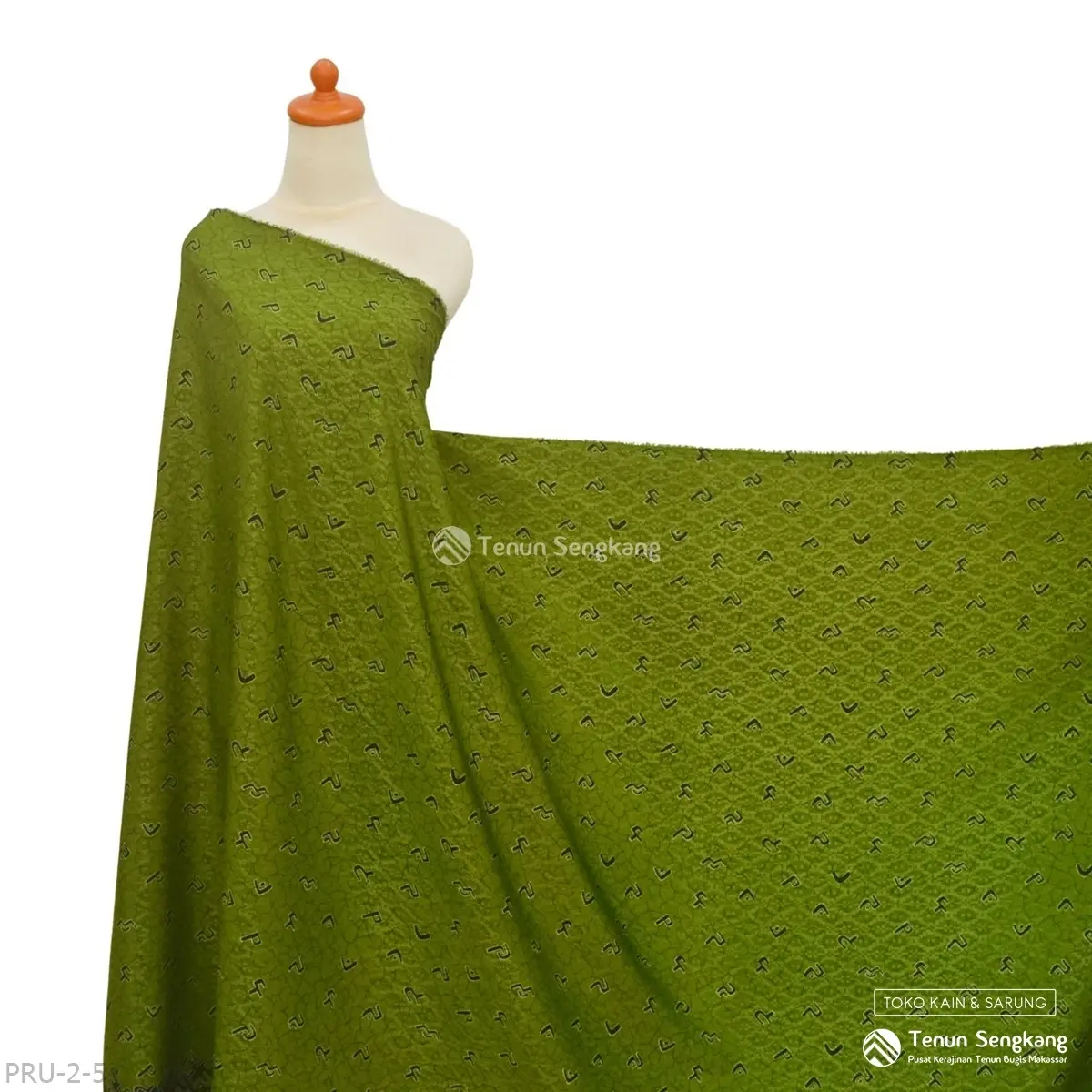 Kain Tenun Dobby Batik Bugis Makassar Hijau Motif Lontara Abstrak Berpinggir - Tenun Sengkang PRU-2-5 (Harga per 0,5 Meter)