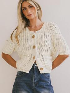 Women's Plain Button Front Cardigan, Casual Half Sleeve Knitwear for Spring & Fall, Fashion Women's Knit Clothing for Daily Wear, Tops