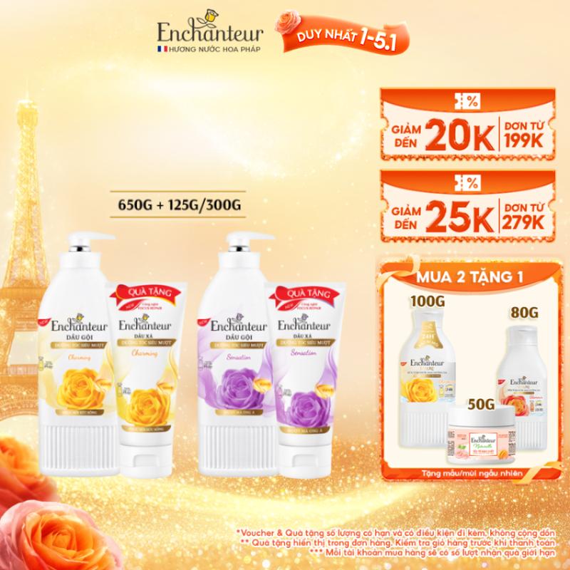 DUY NHẤT 1-5.1 TẶNG DẦU XẢ 300G Dầu Gội Enchanteur 650g Thơm Hương Nước Hoa với Keratin Dầu Hạnh Nhân B5 x2 Phục Hồi Hư Tổn và Óng Ả Không gàu bết ngứa + Tặng kèm Dầu xả Enchanteur Mùi ngẫu nhiên 125g