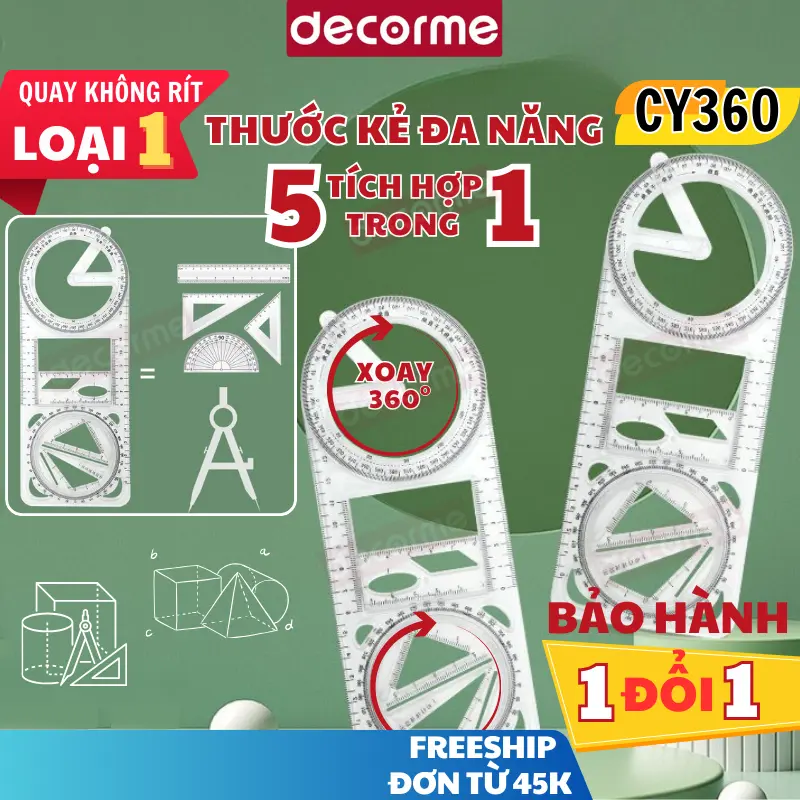 Thước kẻ đa năng CY360, 5 trong 1 thước hình học Decorme đa chức năng tiện dụng cho học sinh