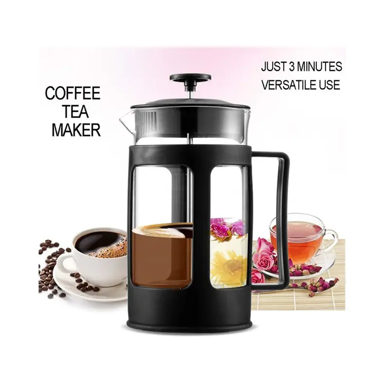 Máy pha cà phê và trà, Máy pha cà phê và trà kiểu Pháp, Tay cầm PC Trơn thời trang, Thân thủy tinh 600ml và 300ml, Bộ lọc bằng thép không gỉ 0