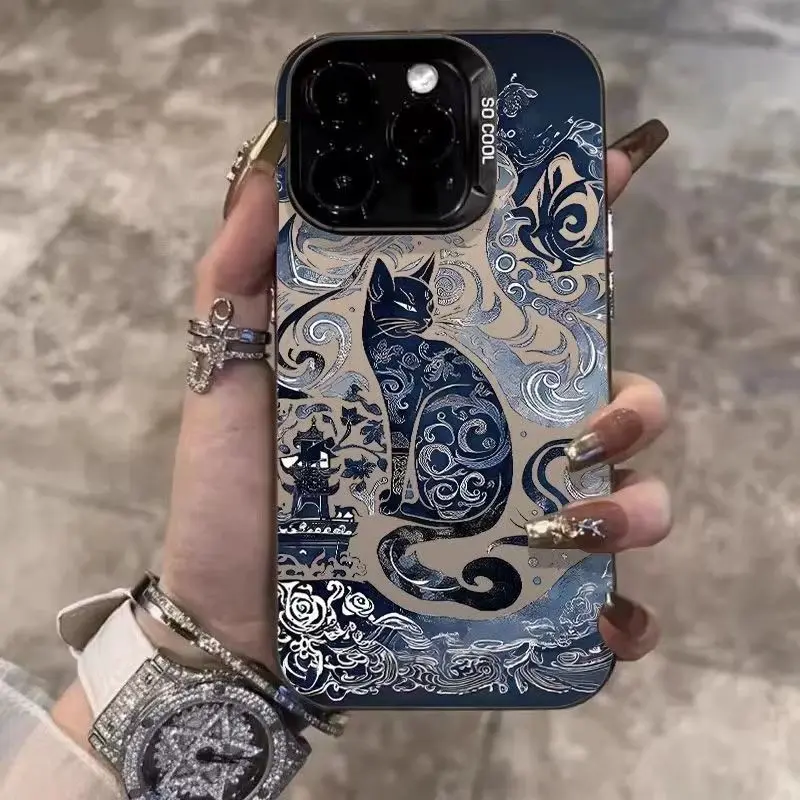 Ốp Điện Thoại Totem Cat, Dành Cho Apple 16pro, Iphone15, Niche, Chống Rơi, 13Promax, X, Màu Bạc Cứng