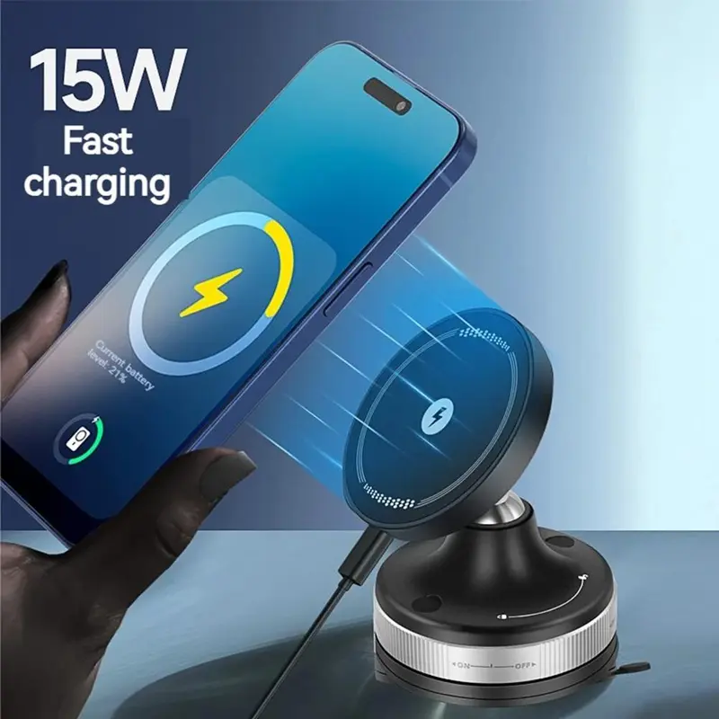 360° Vacuum Magnetic Phone Holder, 2 in 1 Wireless Charger Vacuum Adsorption Magnetic Phone Holder, Kitchen Bathroom Fixed Wall Mobile Phone Holder 4
