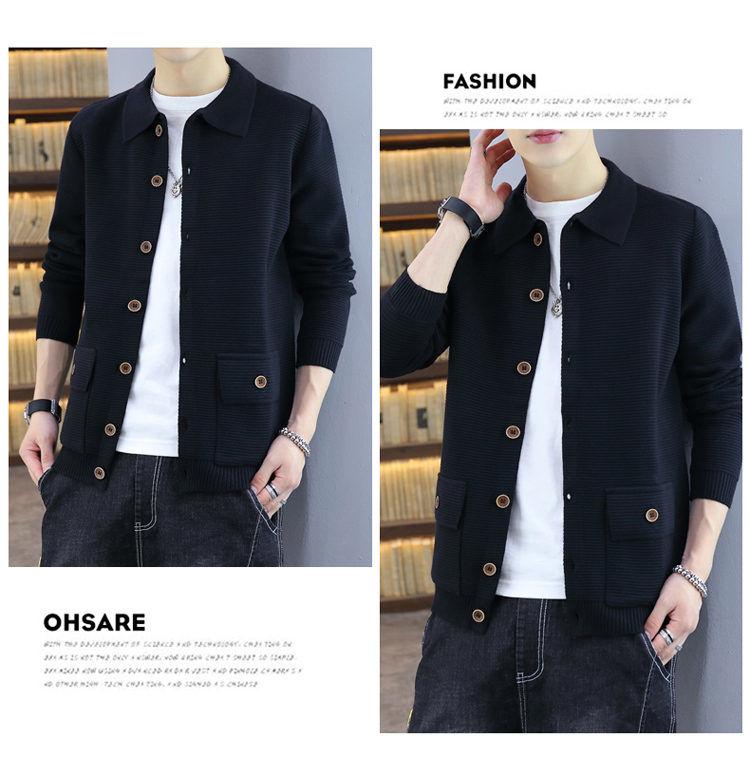 Product Introduction of Spring and Autumn Lapel Knitted Cardigan Men's Coat Trendy Casual Belt Button Solid Color Outerwear Sweater Men's Line Clothes Nam 31