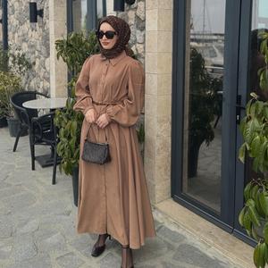 Baju Lengan Panjang Muslim Wanita, Kolar, Slim Fit, Fesyen, Tali Pinggang, Berdada Tunggal, Warna Pepejal, Gaun Panjang, 2025 Ketibaan Baru