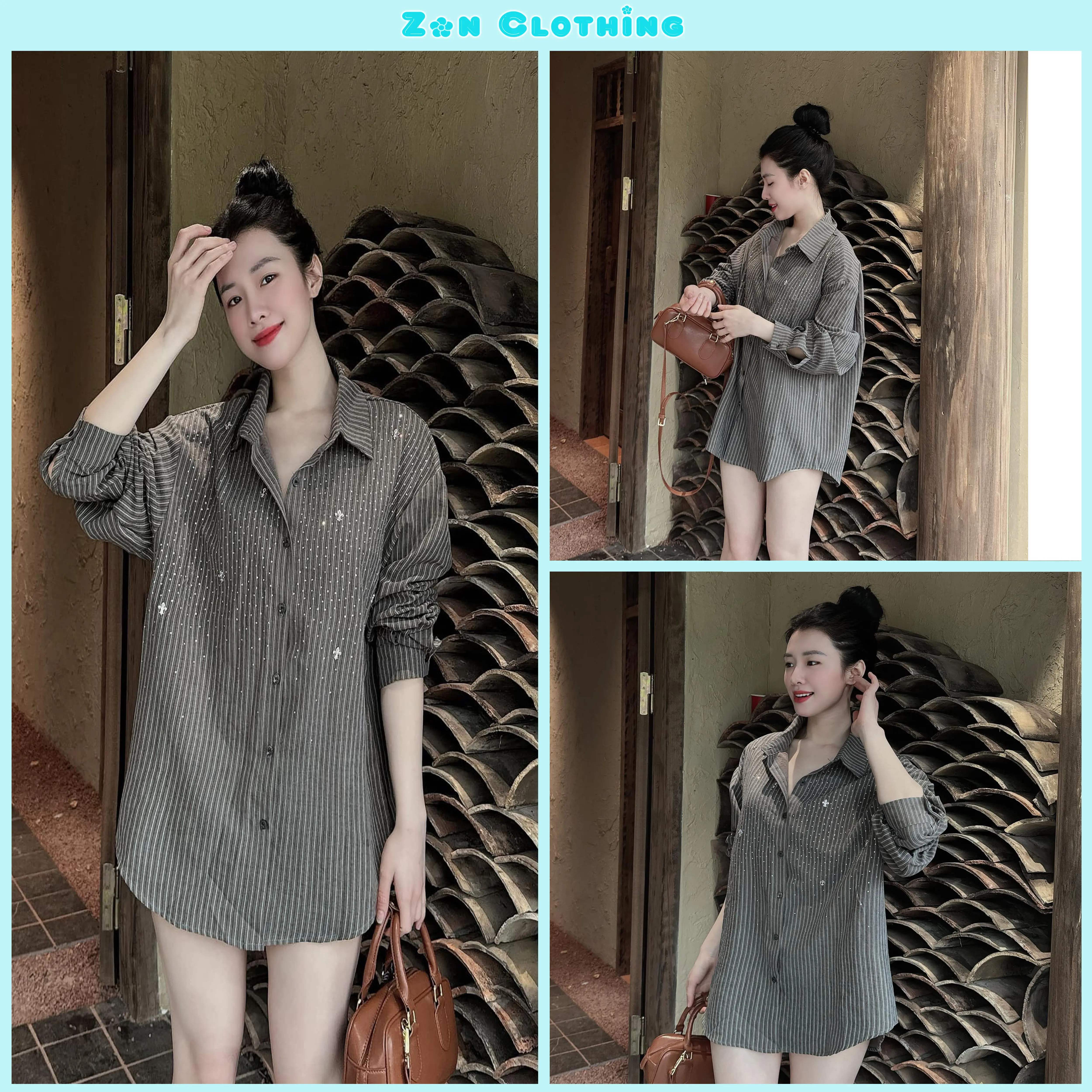 Áo Sơ Mi Kẻ Xám Đính Đá Sang Chảnh Thụng Rộng Vạt Bầu Cá Tính Áo Nữ Top Women by Zon Clothing Z024