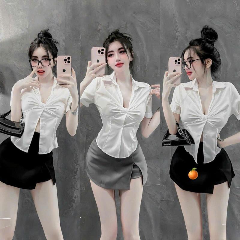 Set bộ nữ áo sơ mi tay ngắn xoắn ngực, chân váy A xẻ bên 0110 top women