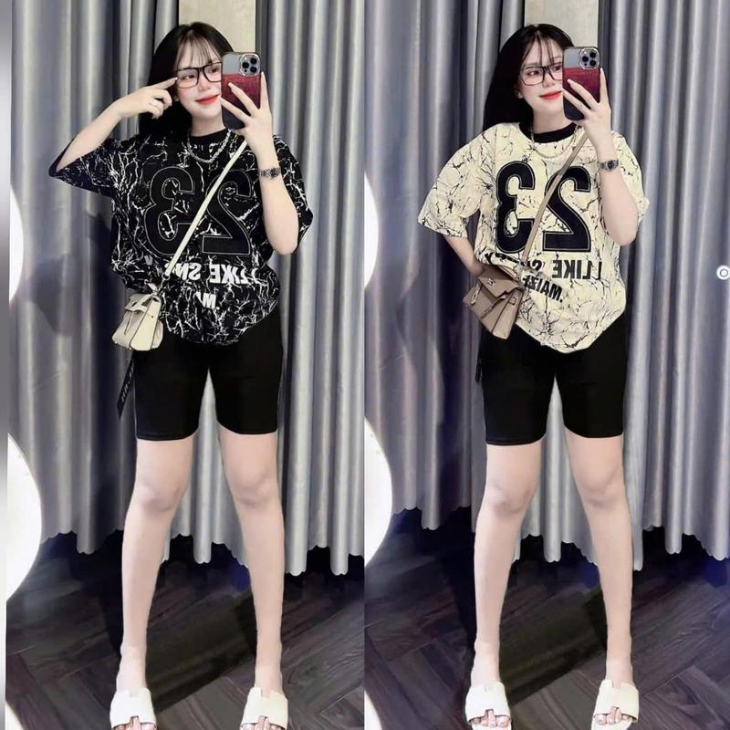Set Đồ Bộ Nữ Dáng Lửng Chất Tăm Lạnh, Áo Form Rộng In Loang Số 23 Bigsize 45-90KG Mặc Nhà TOP NU