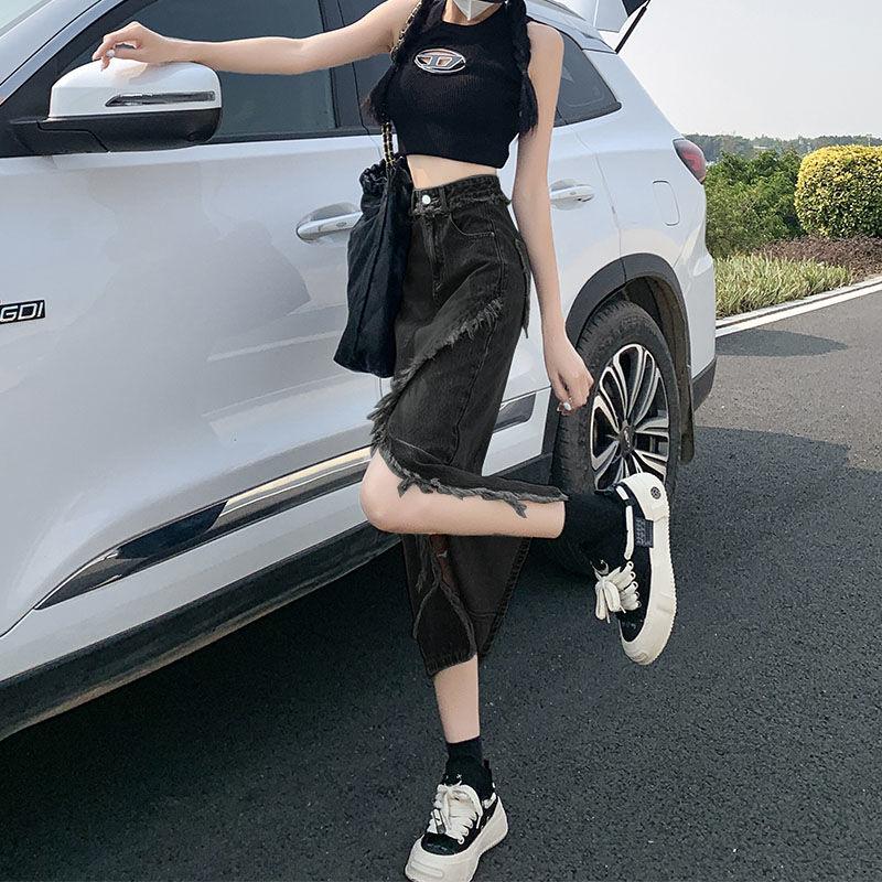 Split Denim Skirt Women's Summer New A- line High Waist Slimming Mid-Length Frayed Hot Girl Hip Skirt 2