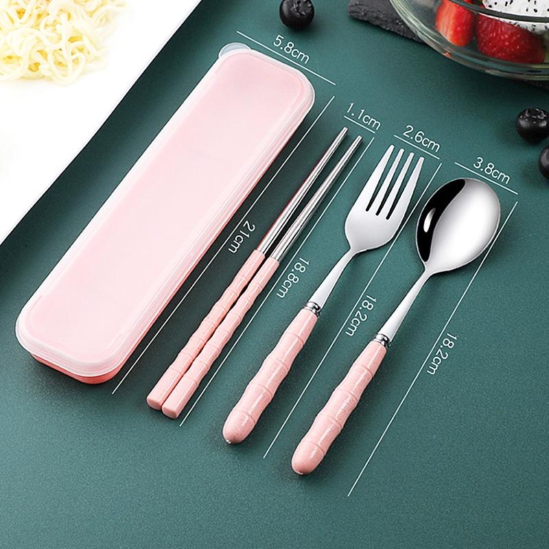 Product Introduction of 3pcs/set Stainless Steel Cutlery Set Spoon Fork Chopsticks Set With Box Case Travel Cutleries green corrosion resistant tableware sets Portable asymmetrical spoon 24