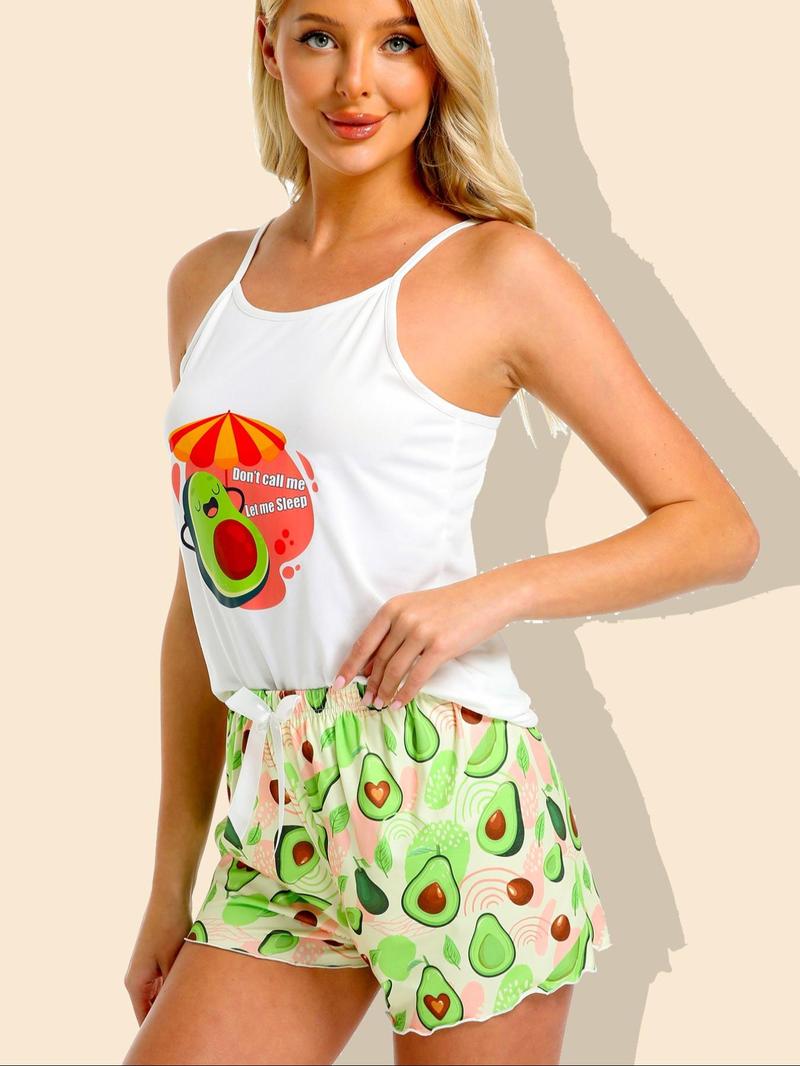 Product Introduction of Women's Avocado Print Cami Top & Shorts Pajama Two-piece Set, Casual Comfortable Loungewear Set for Women, Ladies Sleepwear for All Seasons 1