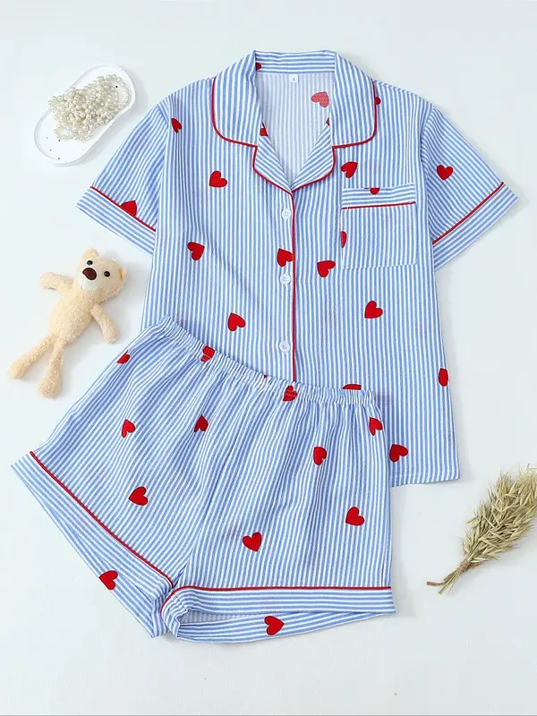 Women's Heart & Striped Print Short Sleeve Pajama Two-piece Set, Cute Casual Comfy Button Front Chest Pocket Design Lapel Neck Top & Elastic Waist Shorts PJ Set, Ladies Sleepwear for All Seasons 0