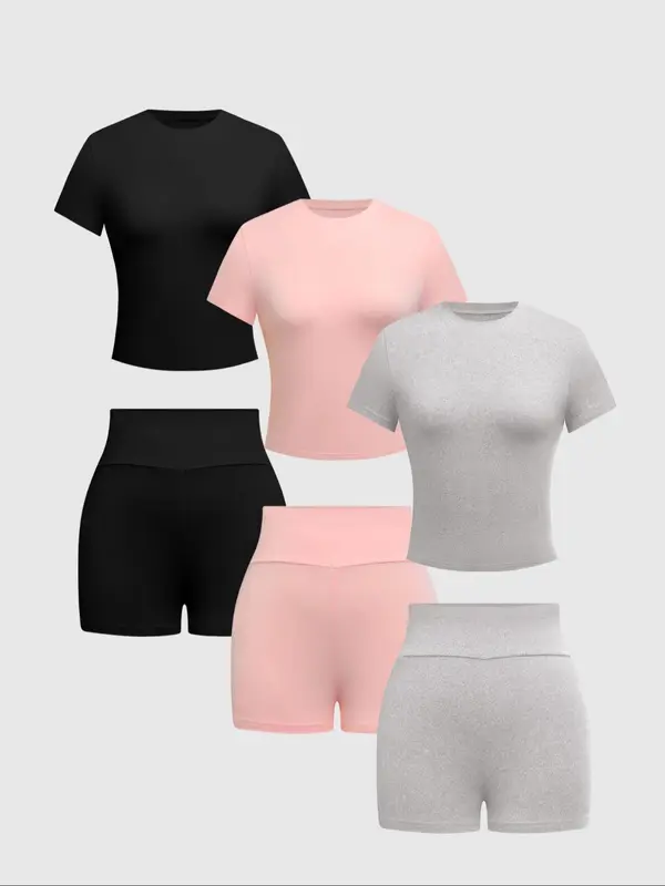 Women's Solid Round Neck Tee & Skinny Shorts Set, Casual Short Sleeve T-shirt & Short Leggings, Ladies Summer Clothes, Matching Set 2
