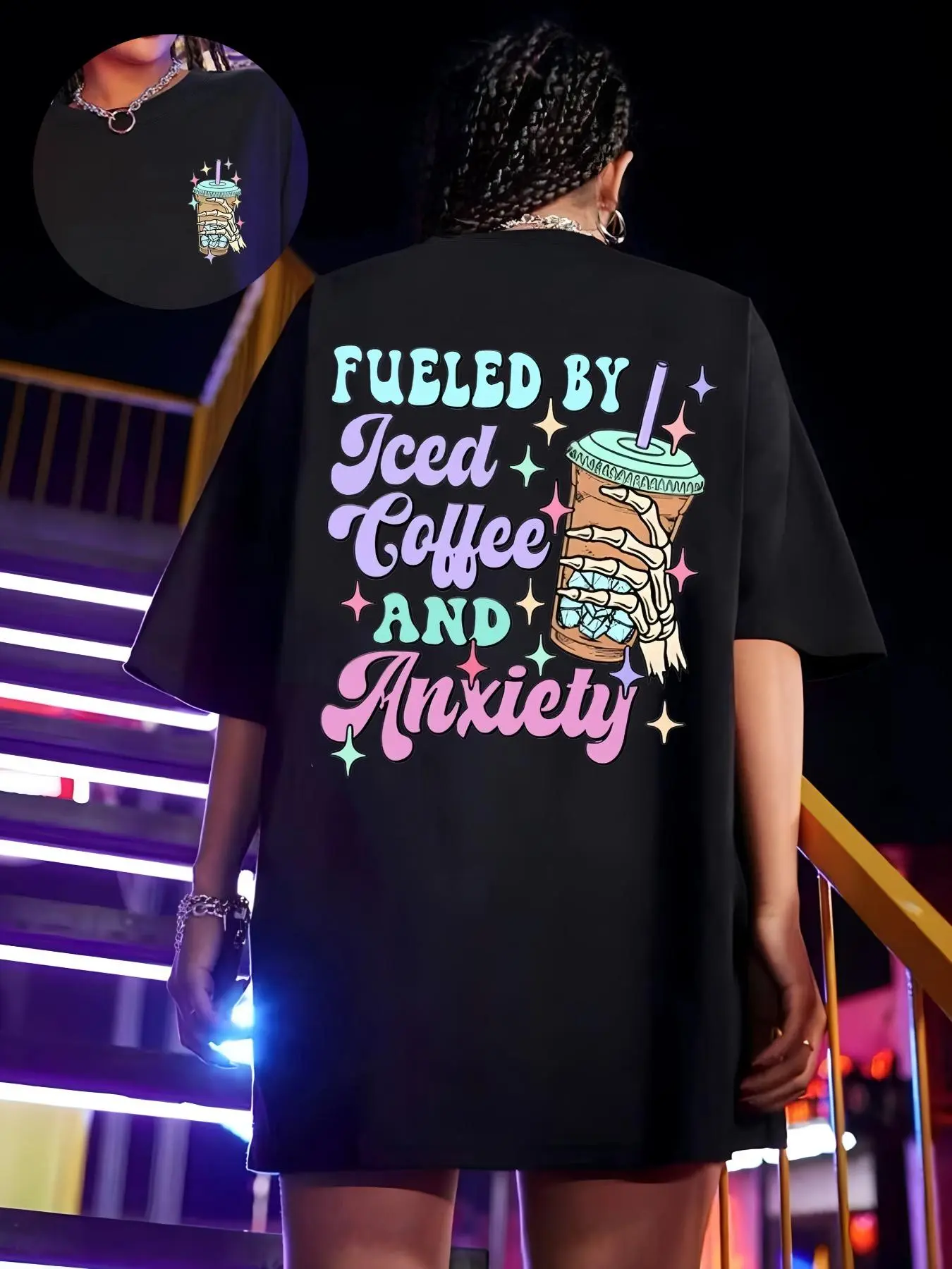 Women's Cartoon & Letter Print Drop Shoulder Tee, Casual Half Sleeve Round Neck T-shirt for Summer, Women's Top for Daily Wear