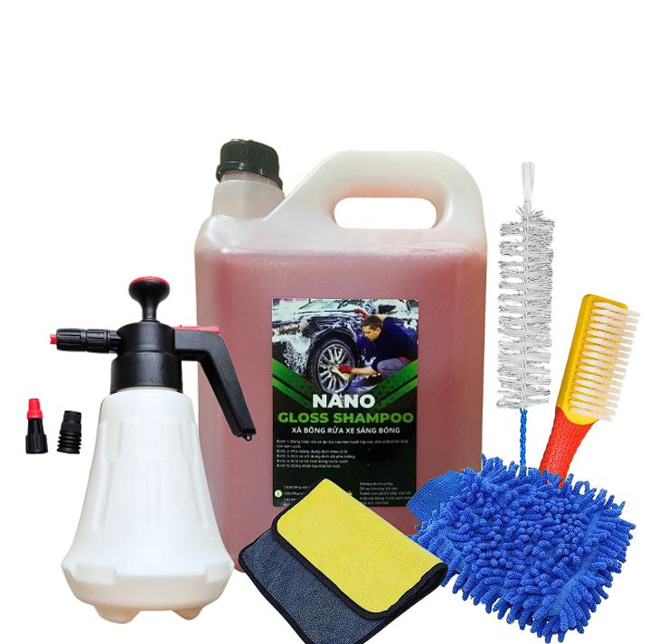   Trọn bộ 6 món  Combo rửa xe tại nhà rửa xe bọt tuyết xà bông hương DÂU Nano Gloss Shampoo can lớn 5L tiết kiệm kèm các phụ kiện rửa xe Lau Xe 
