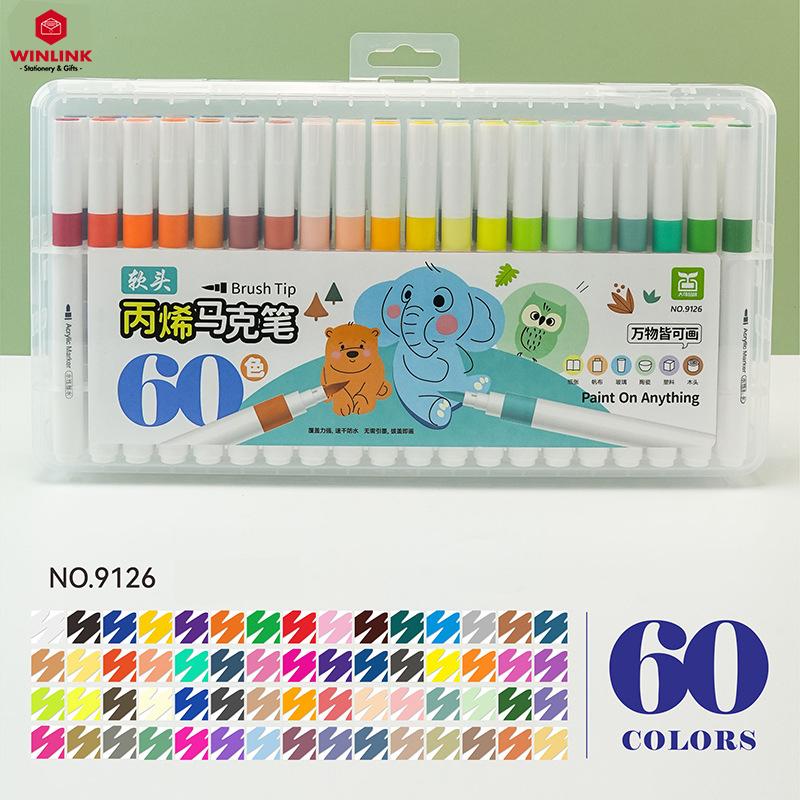  MỚI - Đầu cọ brush  Bộ 60 bút Acrylic Marker MS 9126 vẽ được trên nhiều chất liệu Màu Sắc Tươi Sáng 