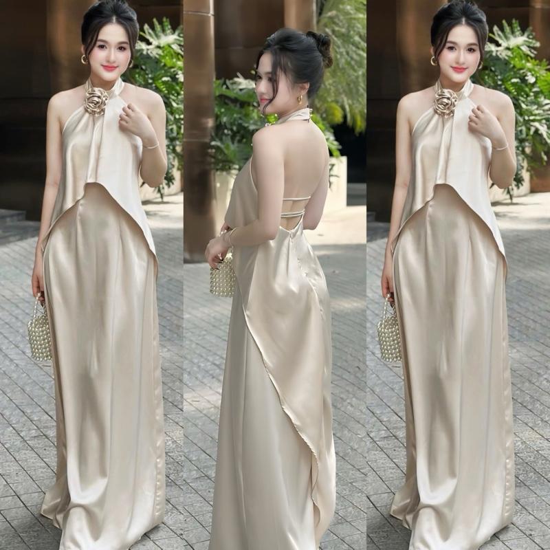 ( DÁNG SUÔNG & KÈM HOA ) Váy Lụa Cổ Yếm Dự Tiệc Dáng Dài 140cm Hở Lưng Phong Cách Sang Trọng Nhẹ Nhàng Cho Nữ - TV670