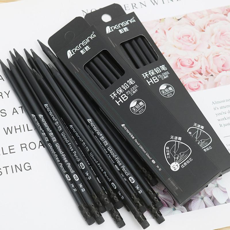 Bút chì gỗ HB, màu đen, có hộp, đóng gói, với tẩy, thanh tam giác, thích hợp cho học sinh, văn phòng phẩm