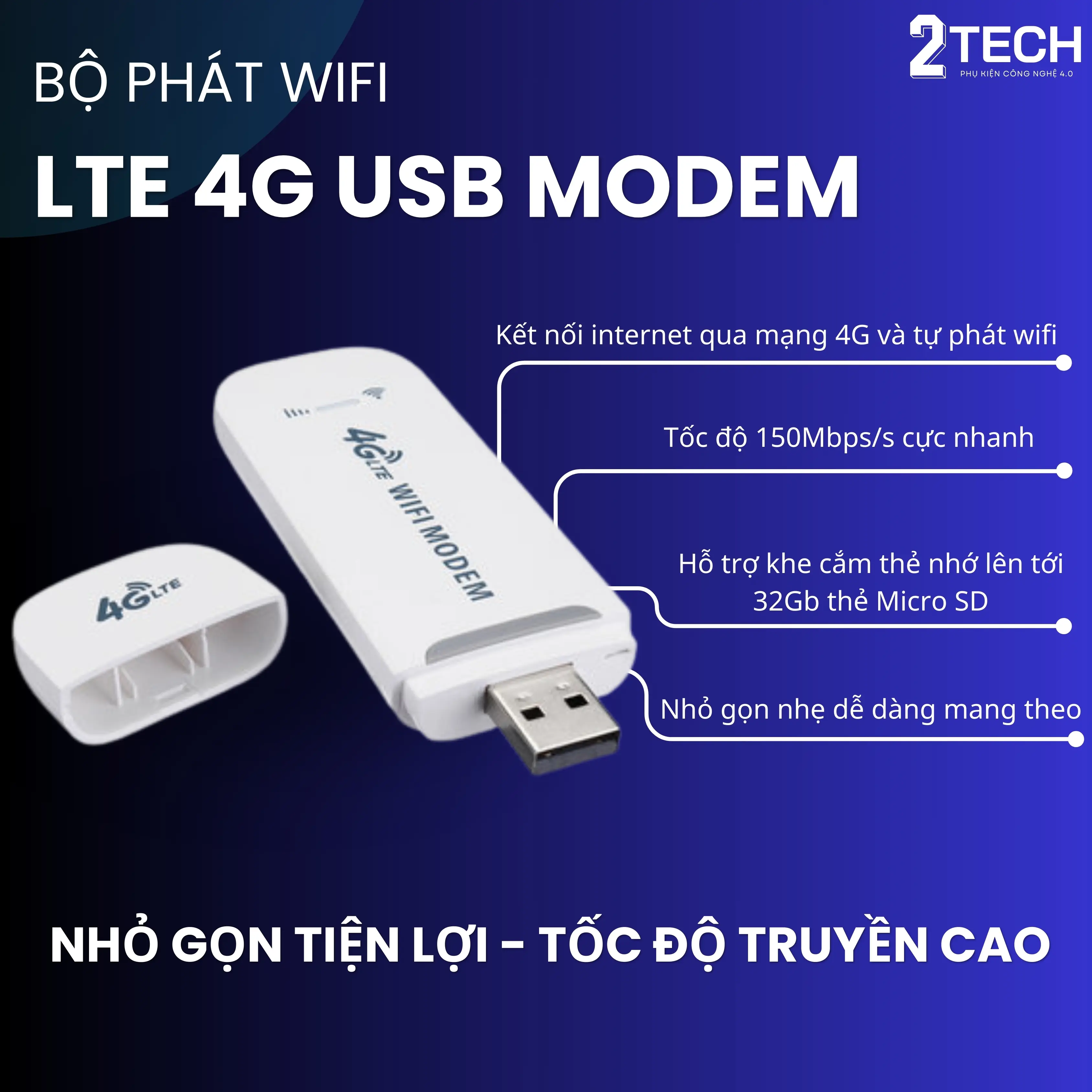 Bộ phát wifi USB 3G 4G 2Tech, tốc độ 150 mbps, kết nối tối đa 10 thiết bị, nhỏ gọn tiện lợi đường truyền tốc độ cao. Bảo hành 3 tháng.
