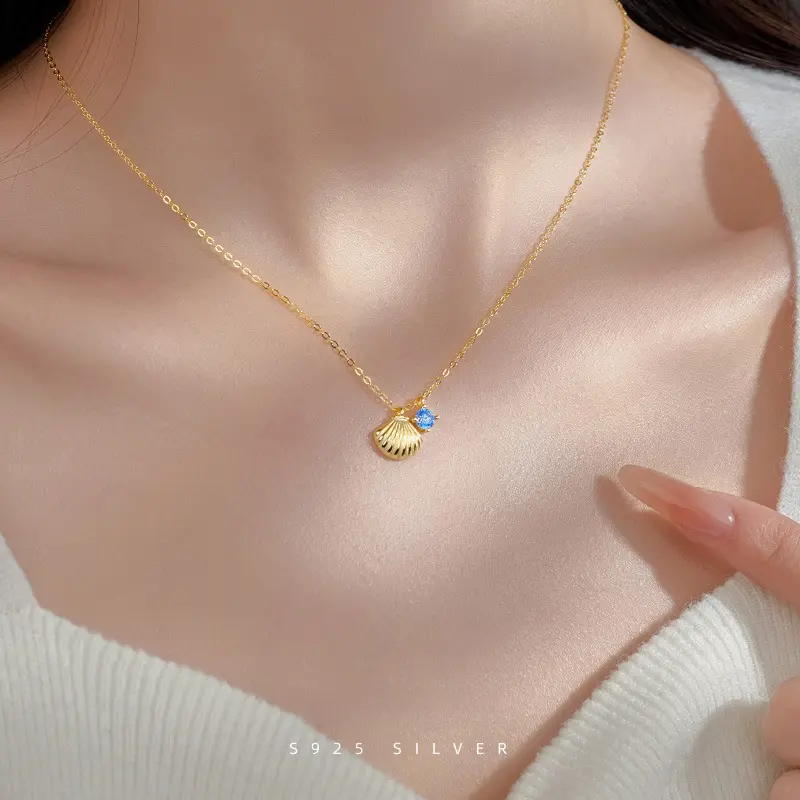 S925 Silver Shell Blue Zirconia Necklace, Women'S Spring And Summer New, Slack Sense Niche Delicate Collarbone Chain