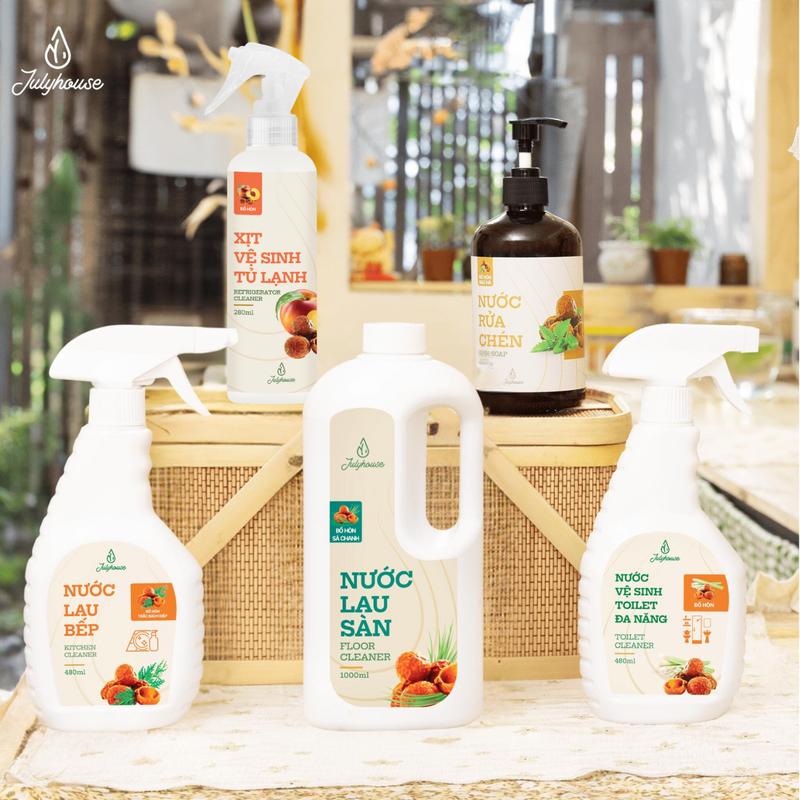Bộ sản phẩm làm sạch nhà cửa JULYHOUSE Xịt lau bếp, Nước lau sàn, Nước rửa chén, Nước vệ sinh Toilet, Xịt lau tủ lạnh chiết xuất Bồ Hòn và tinh dầu thiên nhiên sạch vết bẩn, dịu da tay