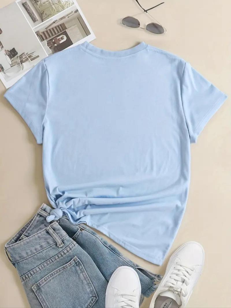 Product Introduction of Women's Cartoon Skeleton & Letter Print Round Neck Graphic Tee for Summer, Summer Clothes, Vintage Trendy Casual Drop Shoulder Half Sleeve T-shirt for Daily Wear, Ladies Summer Outfit 16