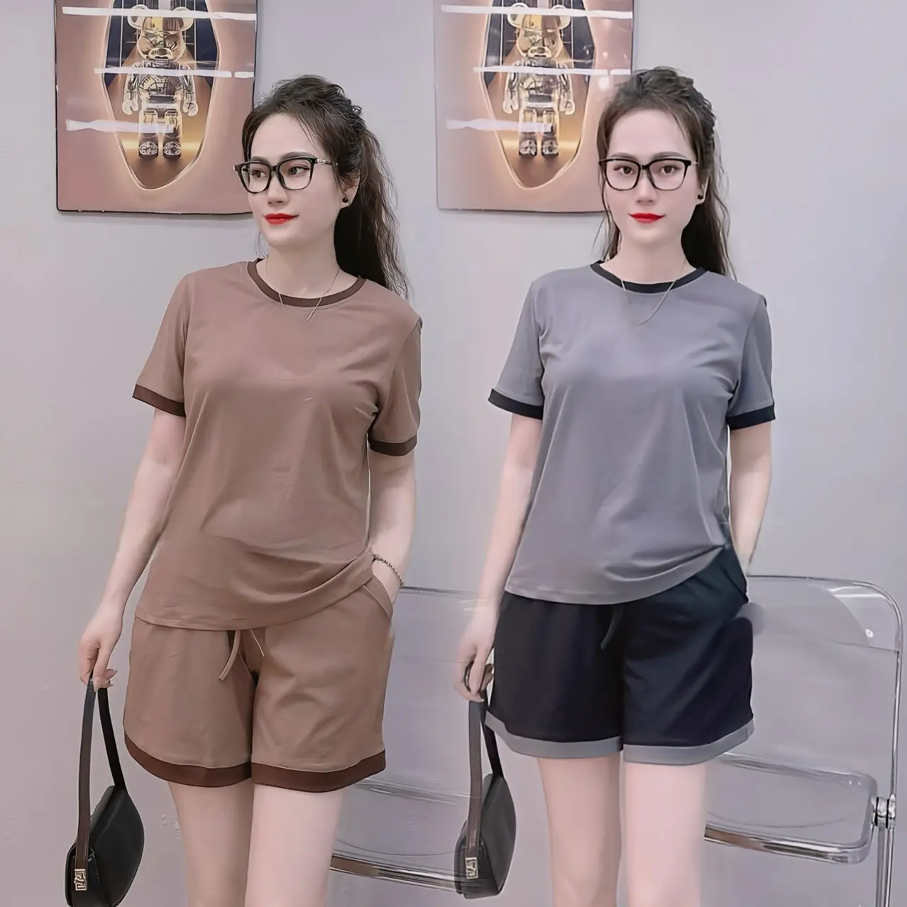 Voi BỘ ĐÙI CỔ TRÒN TAY NGẮN CHẤT COTTONSU MỀM NHẸ ĐƠN GIẢN DỄ MẶC Nữ Women Áo Top Đen Nhung