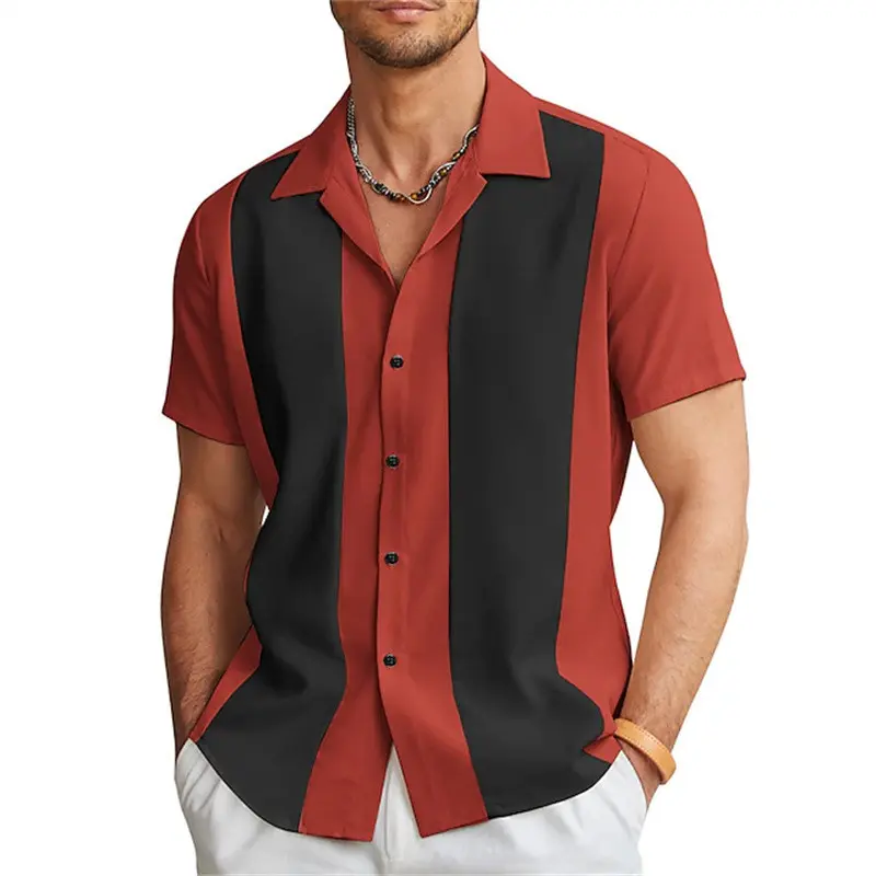 2024 New men's shirts Bowling shirts Button shirts Summer casual red short-sleeved color matching lapels Street clothing fashion