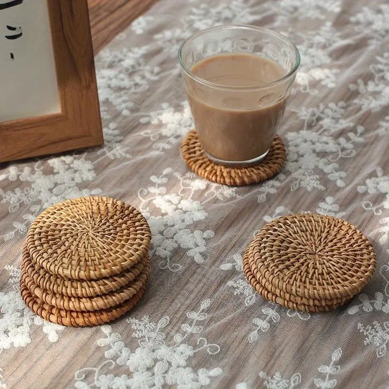 Round Rattan Braided Coaster, 2/4 Counts/set Elegant Tableware Accessory, Decorative Coaster for Home Kitchen Dining Room