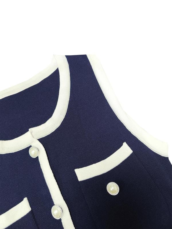 Women's Colorblock Faux Pearl Decor Button Front Pocket Tank Dress, Dresses for Women, Elegant Contrast Binding Sleeveless Round Neck Short Dress for Vacation Holiday Party, Ladies Summer Clothes, Fancy Dress, Summer Dresses 2025 8